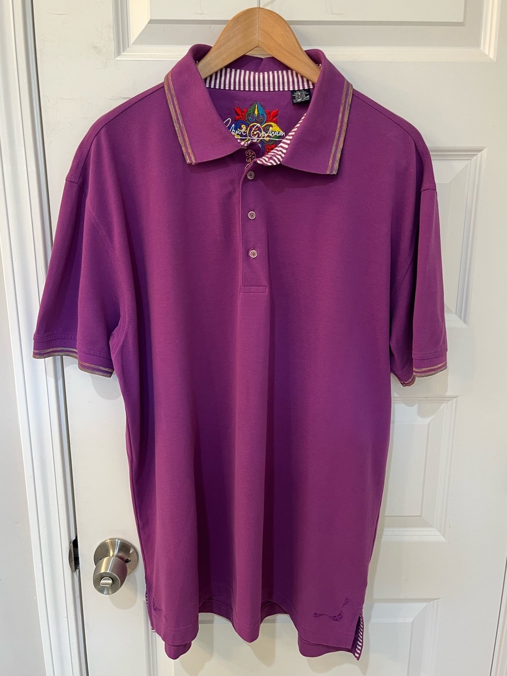 Robert Graham Men's Polo Shirt XXL 2XL Purple Luxury Contrast Trim Embroidered